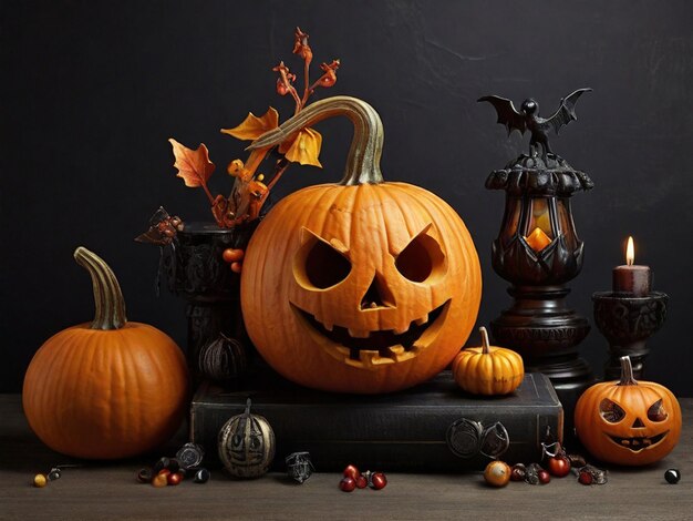 Photo pumpkin with halloween objects