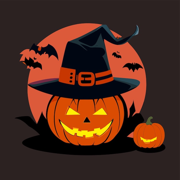 Pumpkin with hat on halloween 80s colors style