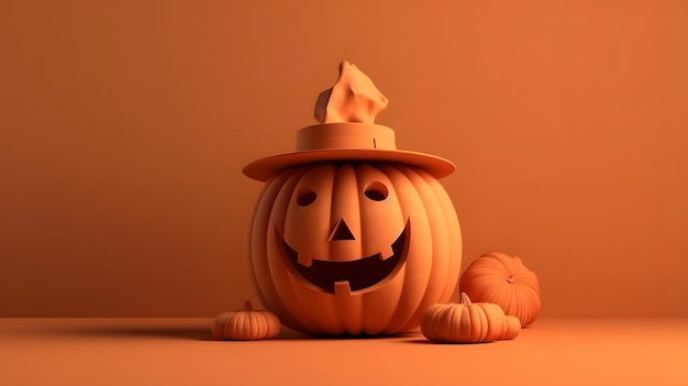 A pumpkin with a hat on it sits on a table.