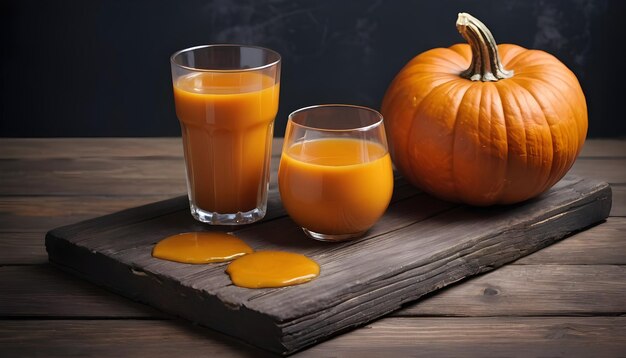 Pumpkin with juice on a wooden table Halloween concept