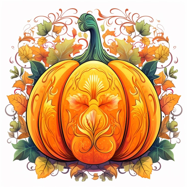 Pumpkin with leaves and vines on a white background generative ai