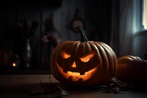 Pumpkin with light face on table in dark interior ai generated image