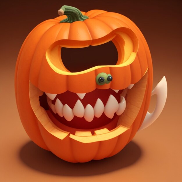 A pumpkin with a monster eye and teeth carved into it