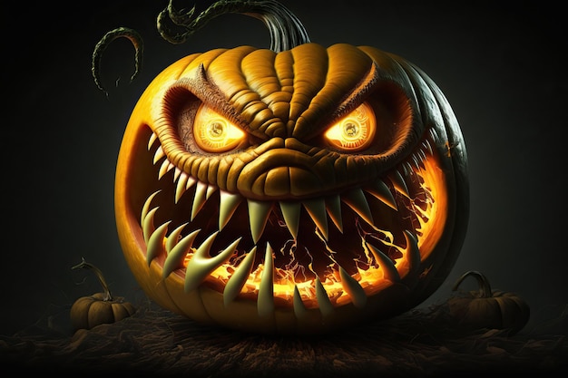 A pumpkin with a mouth and teeth showing a scary look.