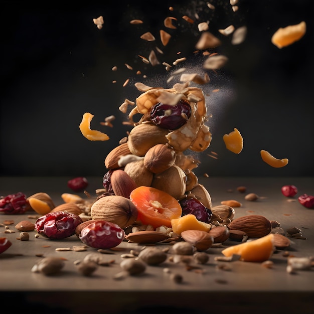 Pumpkin with nuts flying in the air on a black background