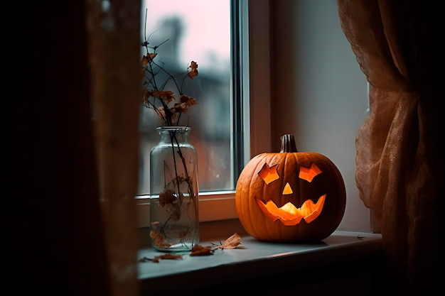 Photo pumpkin with safemade face on wooden window sill at home interior generative ai