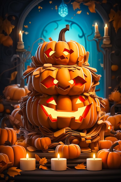 Pumpkin with scary evil emotions on their faces Creative concept idea Realistic 3d design