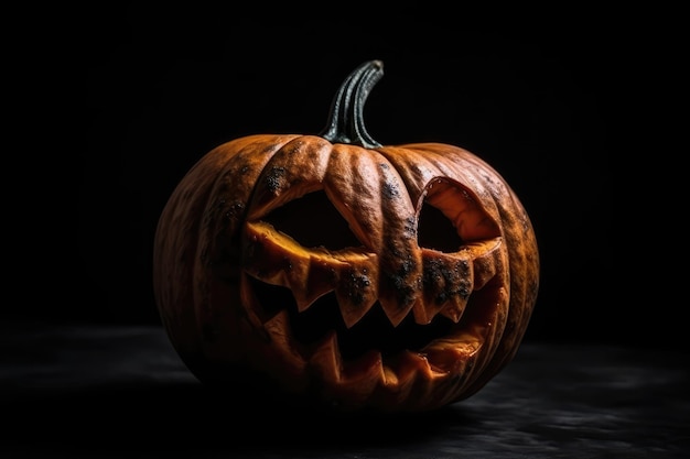 Zucca con la faccia spaventosa su sfondo nero sul lato posto per copiare l'ia generativa di halloween