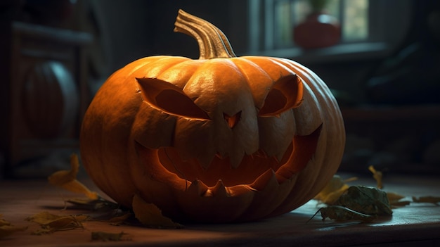 A pumpkin with a scary face sits on a table in front of a window.