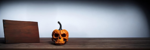 A pumpkin with a skull on it sits on a table.