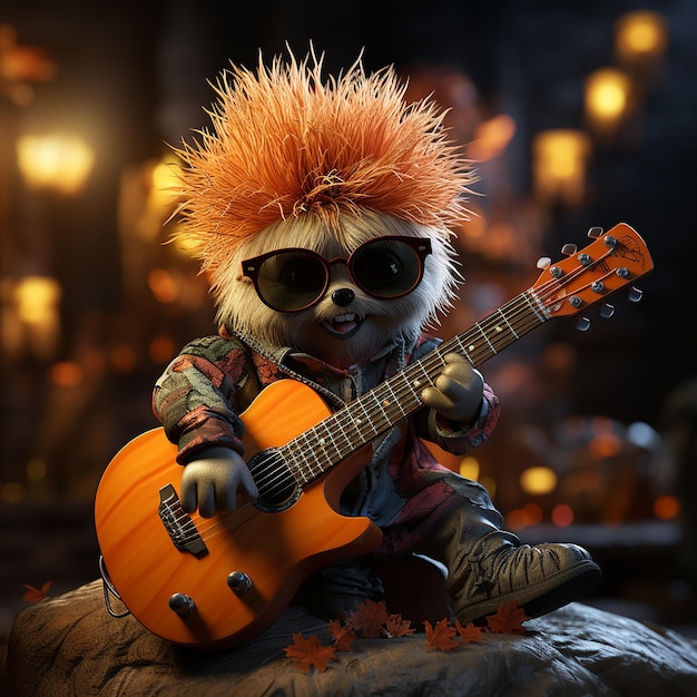 A pumpkin with a spiky colorful hairstyle and sunglasses holding a guitar