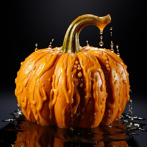 Pumpkin with splashes of water on a black background