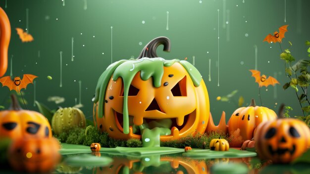 Pumpkin with spooky decorations on green background