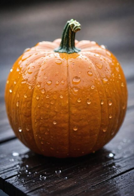 a pumpkin with water droplets on it sits on a wooden table