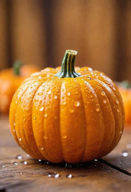 Photo a pumpkin with water droplets on it sits on a wooden table