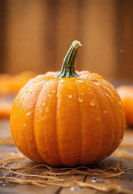 a pumpkin with water droplets on it sits on a wooden table