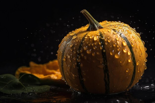 A pumpkin with water droplets on it