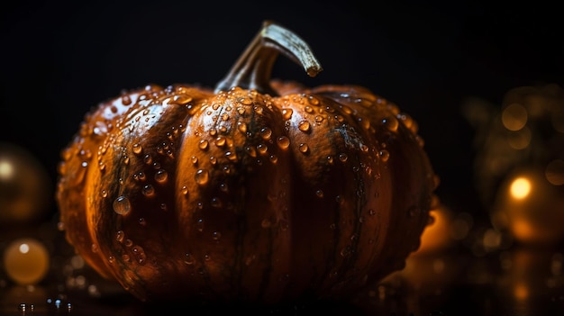 A pumpkin with water droplets on it