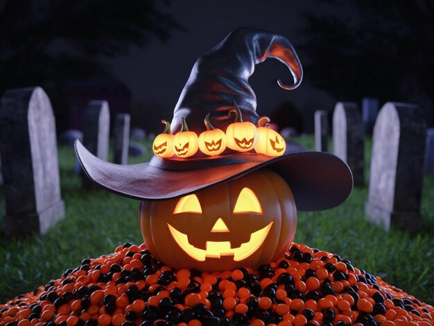 a pumpkin with a witch hat on it is decorated with pumpkins