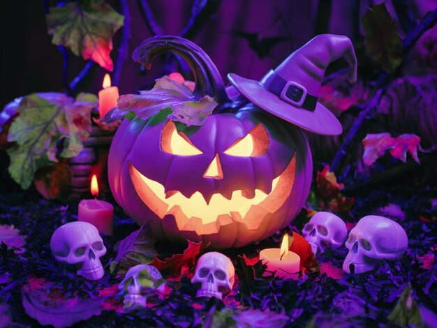 Photo a pumpkin with a witch hat on it sits in a garden with other skulls