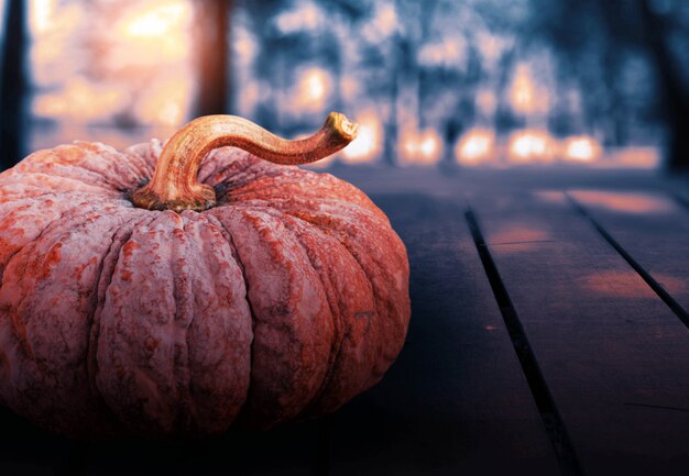 Pumpkin on wooden floor.