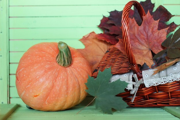 Pumpkin wooden table autumn