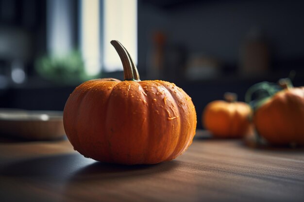 Pumpkin on the wooden table in the kitchen Halloween concept