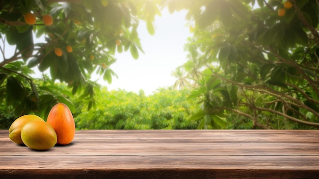 A pumpkin on a wooden table with a tree in the background