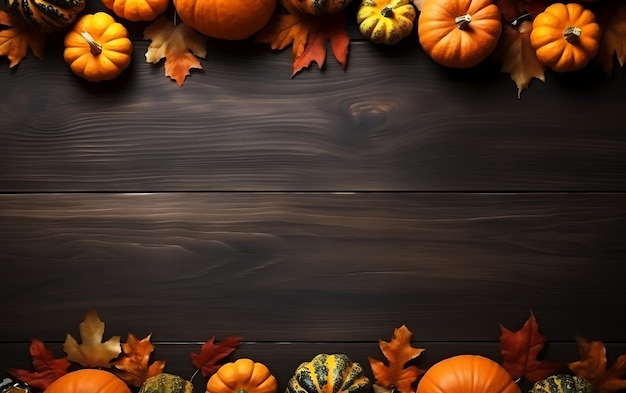 写真 コピースペースのある木製のテーブルに南瓜と秋の葉