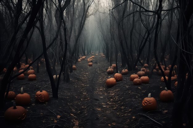 Pumpkins are burning in the forest at night Halloween background AI