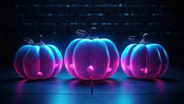 pumpkins are lit up and glowing on a dark floor in the style of light azure and magenta