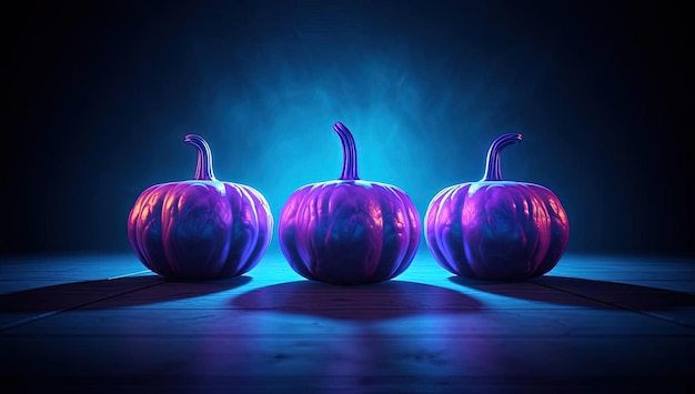 pumpkins are lit up and glowing on a dark floor in the style of light azure and magenta