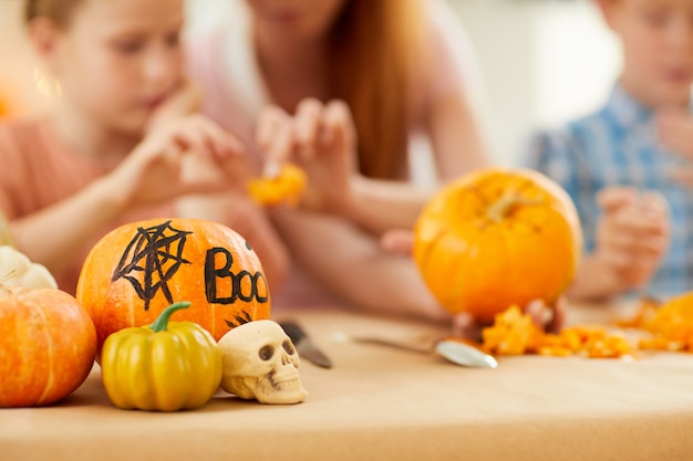 Pumpkins are on the table for Halloween