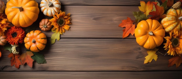 Pumpkins and autumn leaves on a wooden background