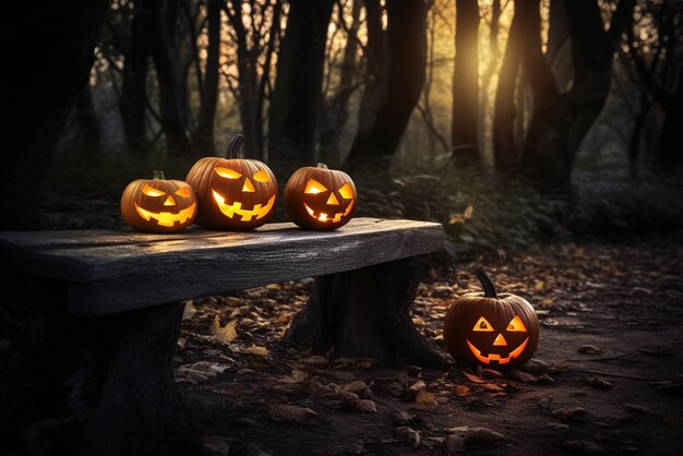 Тыквы на скамейке в темном лесу со словом "Хэллоуин" спереди.
