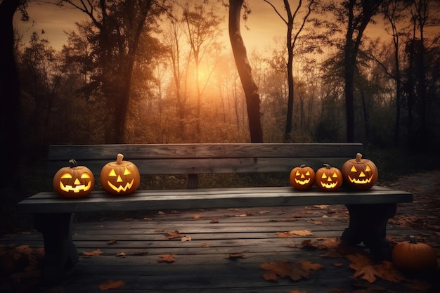 Pumpkins on a bench in a forest with a lit up orange background.