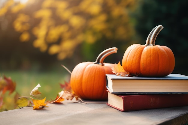 Pumpkins books and autumn leaves on wooden table in park