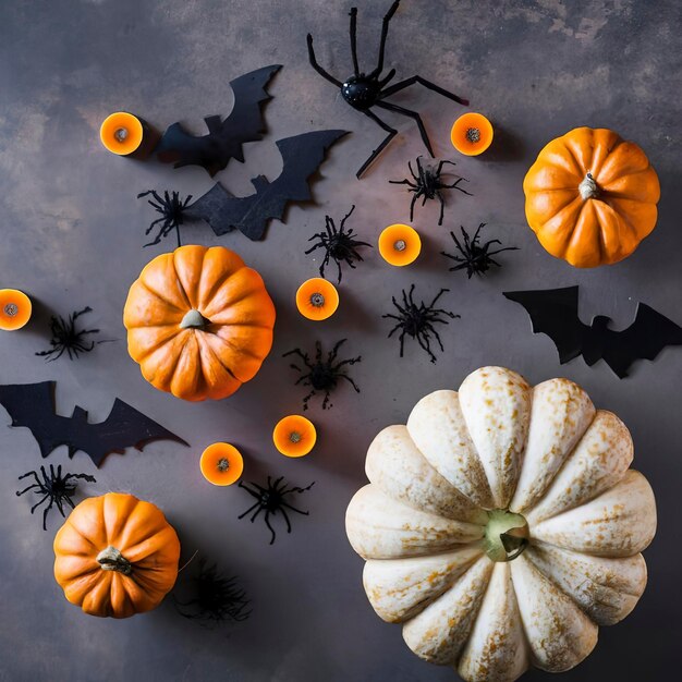 Pumpkins candles and funny handmade spider and bats for Halloween party Festive halloween background