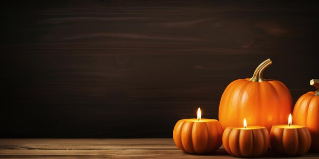 Pumpkins and candles on wooden table with wood backdrop Halloween background Generative AI