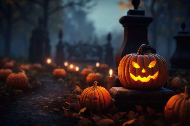 Pumpkins in a cemetery with glowing eyes Pumpkins in graveyard in the spooky night AI generated