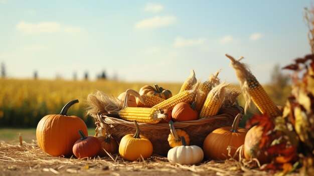 Photo pumpkins and corn in a basket on the field