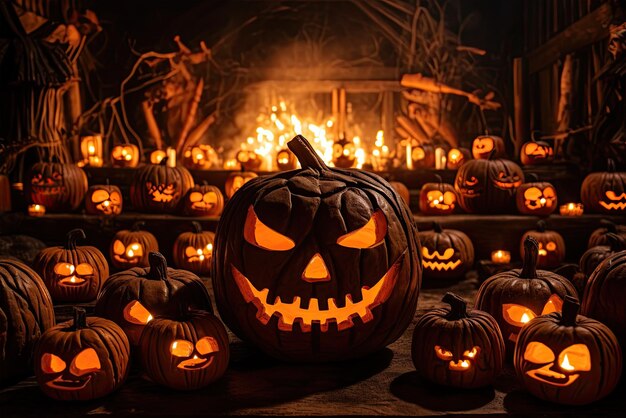 pumpkins crammed in a pot with black smoke and flames