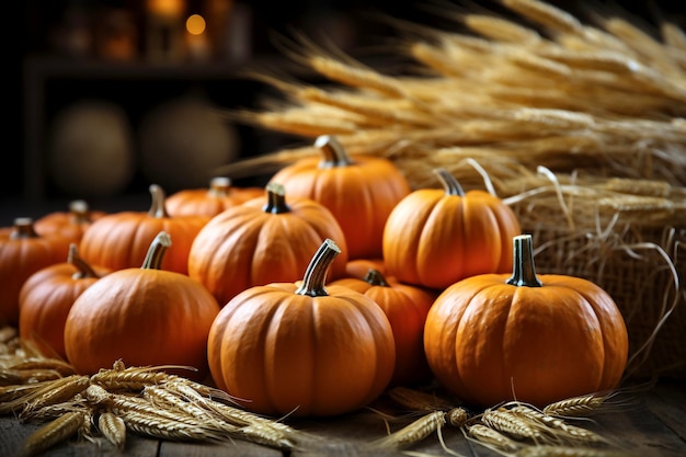 Pumpkins and ears of wheat on a wooden background Autumn still life