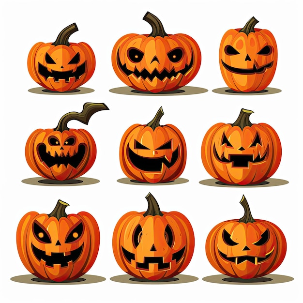 Pumpkins faces in a Halloweenstyle on light background Generative AI