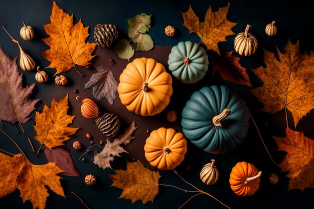 Pumpkins and fall leaves on table Generative Ai
