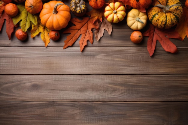 Pumpkins and fallen leaves on wooden background Copy space for text Halloween Thanksgiving day or seasonal autumnal ai generative