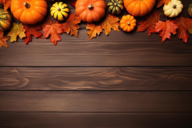 Pumpkins and fallen leaves on wooden background Copy space for text Halloween Thanksgiving day or seasonal autumnal ai generative