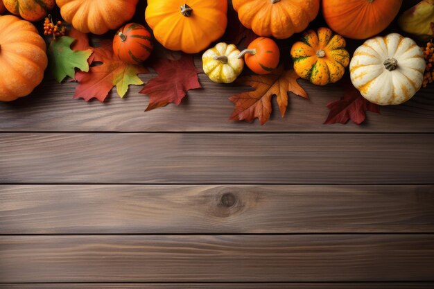 Pumpkins and fallen leaves on wooden background Copy space for text Halloween Thanksgiving day or seasonal autumnal ai generative