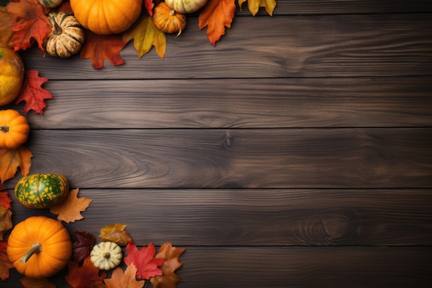 Pumpkins and fallen leaves on wooden background Copy space for text Halloween Thanksgiving day or seasonal autumnal ai generative