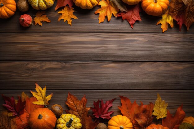 Pumpkins and fallen leaves on wooden background Copy space for text Halloween Thanksgiving day or seasonal autumnal ai generative